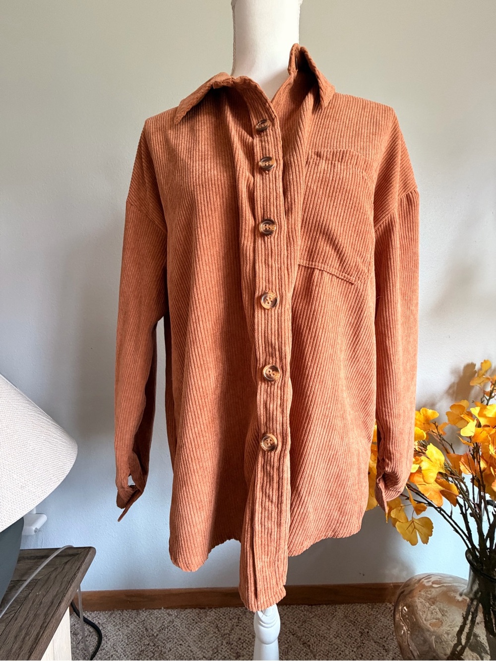 Corduroy Button-Down Shirt in Rust
